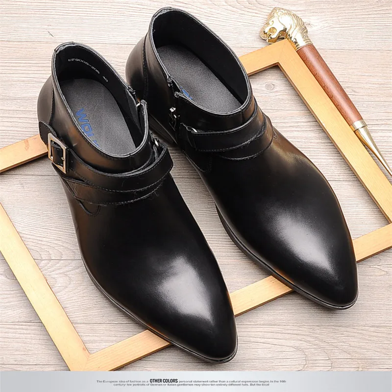 Мужские ботинки на молнии с пряжкой из воловьей кожи острым носком и высоким