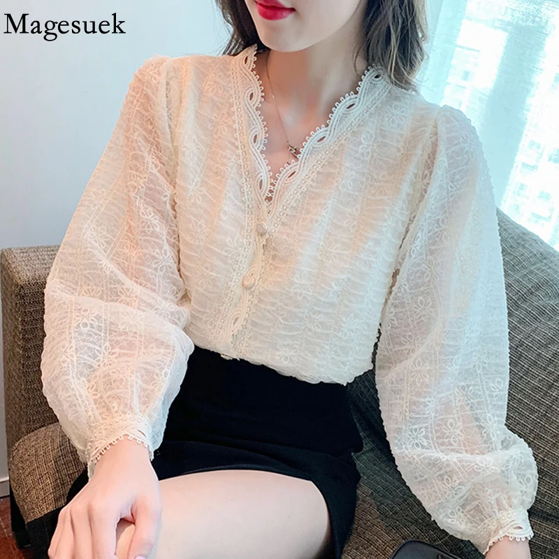 

French V-neck Lace Chiffon Blouses and Shirts Bubble Sleeve Spring Long Sleeve Women Blouse 2022 Elegant Floral Top Female 18306