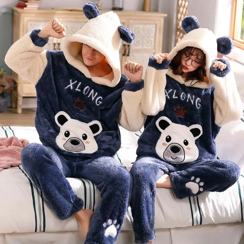 Xlong Bear Унисекс, Пижама для взрослых и пар, Мужская зимняя бархатная одежда для сна, комплект из 2 предметов, теплая Фланелевая пижама с рисунком животных, милая домашняя одежда - Цвет: Xlong Bear