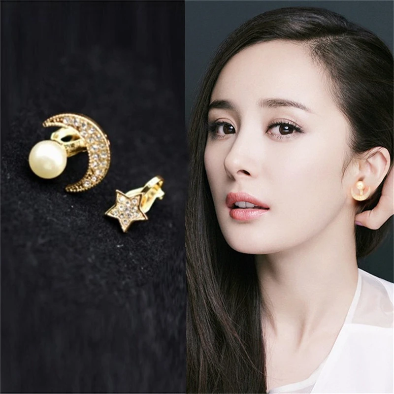 Стразы серьги-клипсы со звездами луна с жемчугом серьги-гвоздики серебро золото