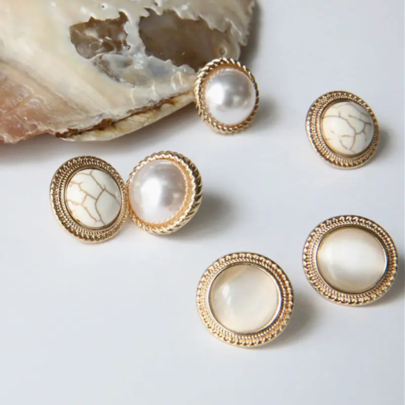 

Vintage Round Marble Opal Stone Big Stud Earring Women Elegant Simulated Pearl Earring Fashion Temperament Gold Ear Stud Jewelry
