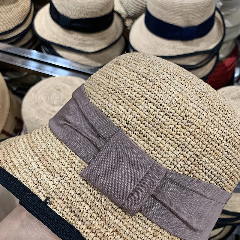 

202103-WN summer FINE raffia grass color bowknot leisure lady bucket cap women fishermen hat