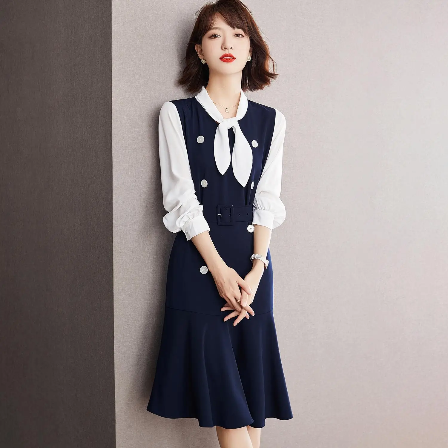 

Korean Fashion Woman Dress Autumn Chiffon Long Sleeve Dress for Women Vintage Mini Bodycon Dress Vestidos De Mujer
