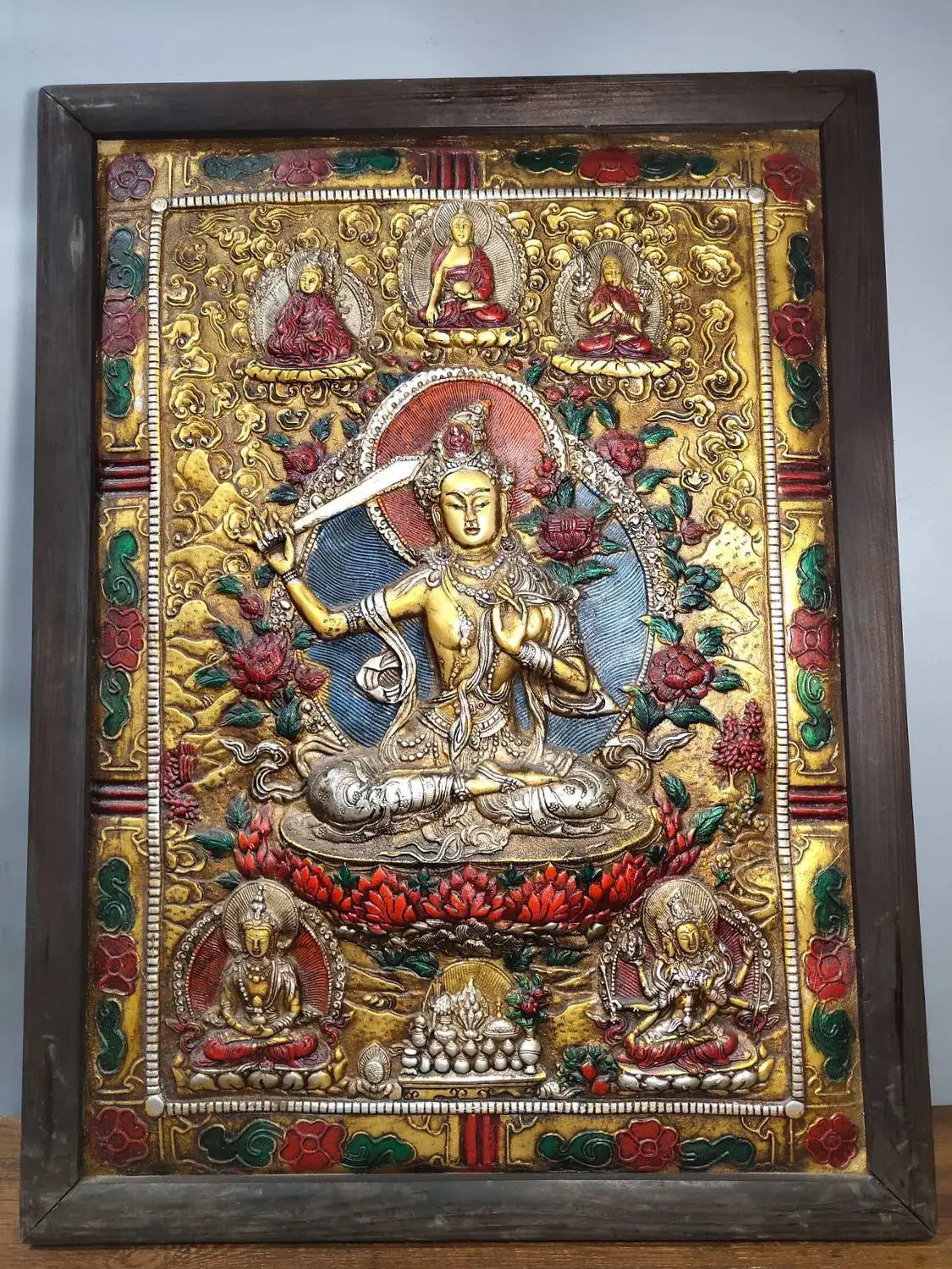 

28 дюймов тибетская буддистская старинная бронзовая окрашенная деревянная рама, четырехстенная Гуаньинь Бодхисаттва тханка, хранилище Буд...