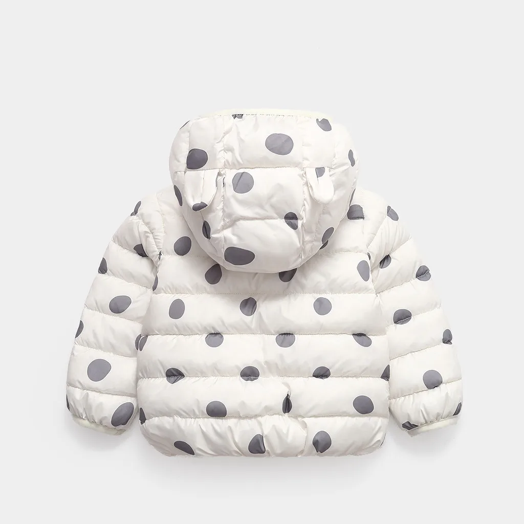 Модные детские пальто 2019 г. Зимнее толстое теплое в горошек на молнии с капюшоном