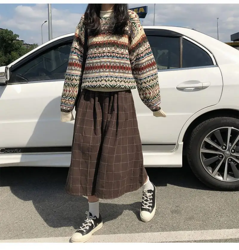 

Japanese style high elastic waist Long Skirts Woman autumn winter plaid A-line pleated Skirts womens
