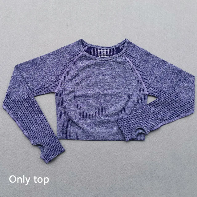 Purple top Женский спортивный костюм из 2 предметов, футболки с длинным рукавом, укороченный топ, бесшовные Леггинсы для йоги, комплект для йоги, одежда для спортзала, фитнес-костюм, комплект для тренировок - Цвет: Purple top
