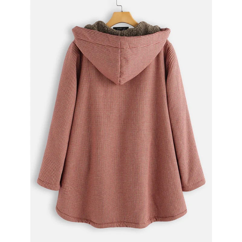 Coat Autumn And Winter New Women's Plaid Loose Plus Velvet Buttons High Street Hooded Jacket Manteau Femme | Женская одежда