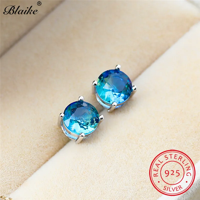 Blue Green Blaike Мистик Радуга Топаз Циркон круглый камень серьги гвоздики для женщин натуральная 925 пробы серебряные серьги свадебные серьги - Цвет камня: Blue Green