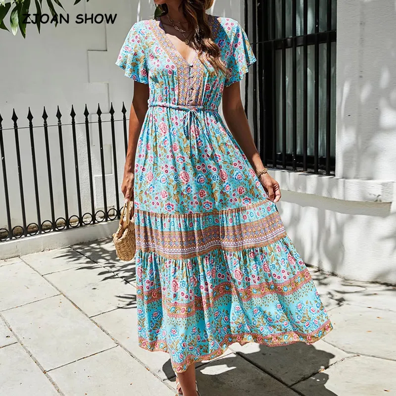 

Женское богемное платье макси на пуговицах, длинное праздничное платье с цветочным принтом, V-образным вырезом, коротким рукавом и бахромой,...