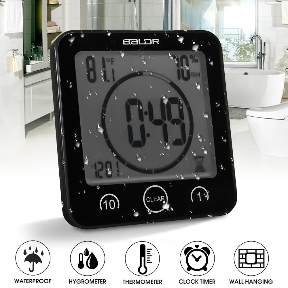 

Waterproof LCD Digital Wall Clock Shower Suction Wall Stand Alarm Timer Temperature Humidity Bath Weather Station for Home
