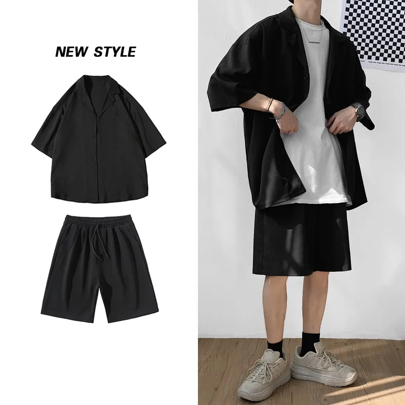 

2021 Men's Set Suit Summer Korean Style Casual Short Sleeve Jacket + Shorts Male Trendy Loose Knee-Length Solid Suit Oversize