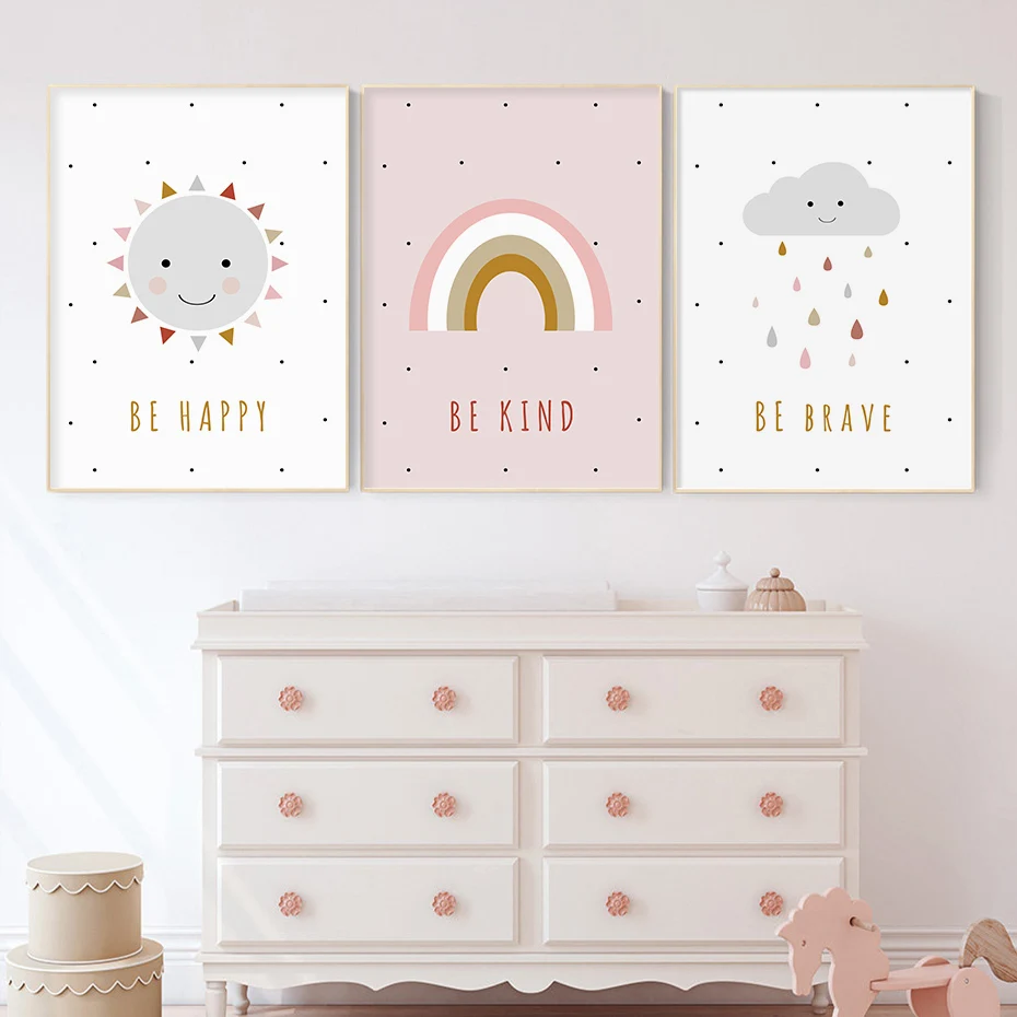 

Be Happy Sunshine Rainbow Cloud Canvas Paintings Posters Nursery Wall Art Poster Prints Pictures for Kids Room Home Decoration