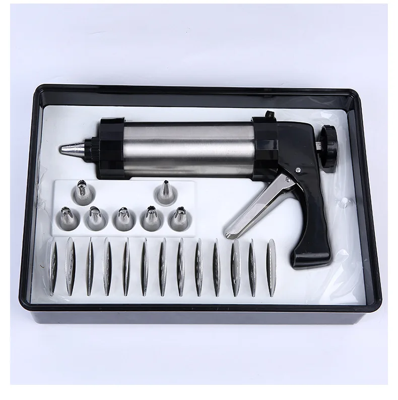 

Stainless Steel Cookie Press Gun Set Biscuit Cookie Maker with 13 Cookie Discs and 8 Nozzles for DIY Cake Kitchen Baking Tools
