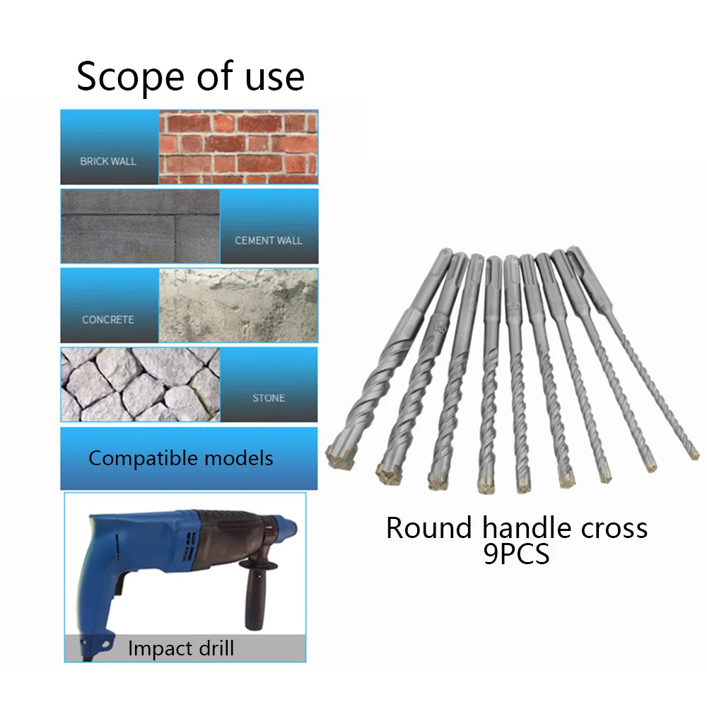 

9pcs/set 160mm Round Shank Electric Hammer SDS Plus Drill Bit Set for Concrete Wall Brick Block Masonry Hole Saw Drilling Bits