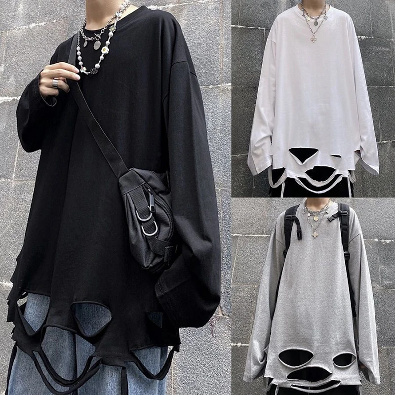 

Autumn Fashion Harajuku Hip Hop Personality Loose Ripped Hole Long Sleeve Men Tshirts Teenagers Grunge Clothes Oversize Tops Tee