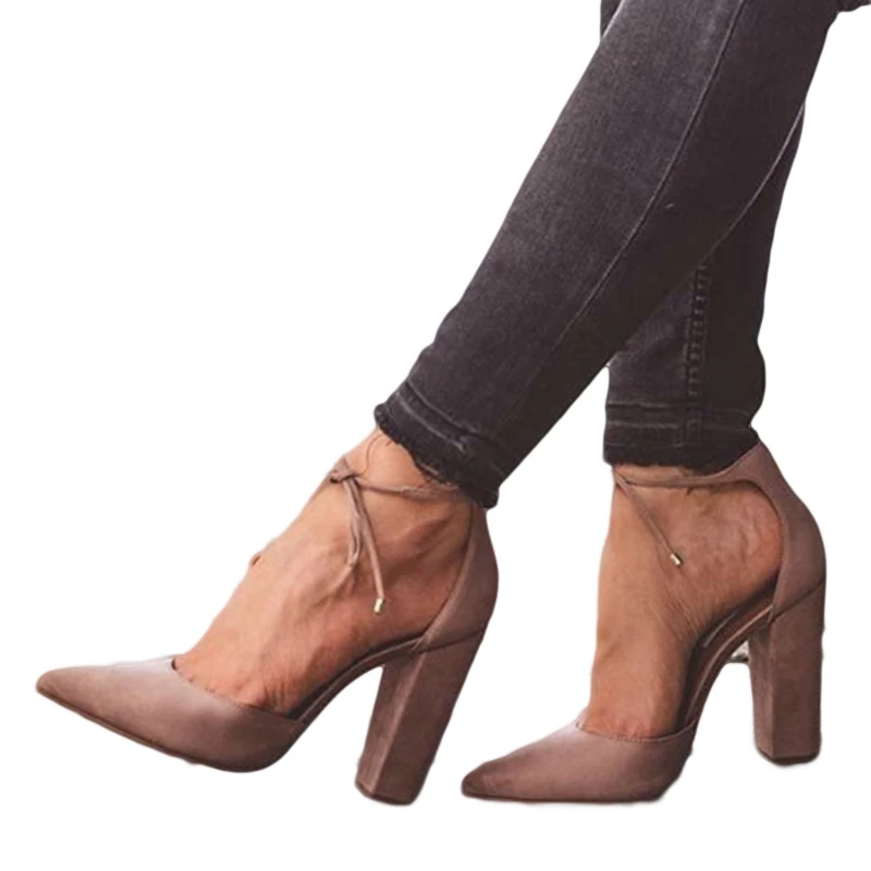 

6 Colors Pointed Strappy Pumps Sexy Retro High Thick Heels Shoes 2108 New Woman Shoes Female Lace Up Shoes