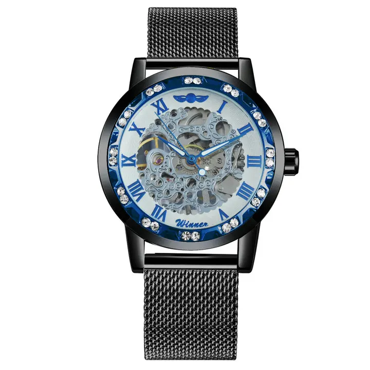BLACK BLUE WHITE WINNER модные деловые механические мужские часы от ведущего бренда, роскошные часы со скелетонным циферблатом и кристаллами, наручные часы, Лидер продаж - Цвет: BLACK BLUE WHITE
