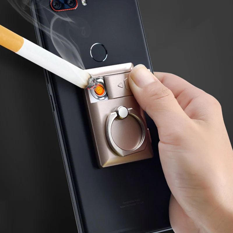 1pcs Mobile Phone Bracket Ring Lighter Windproof USB Charging Lighter Portable