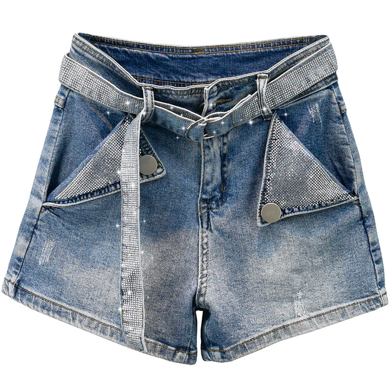 

European Style Rhinestone Denim Shorts Women's 2021 Summer New High Waist Stretch Straight Hot Pants with Belt