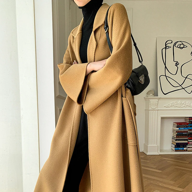 

2021 winter Hepburn suede coat camel bathrobe medium long double-sided wavy cashmere coat women