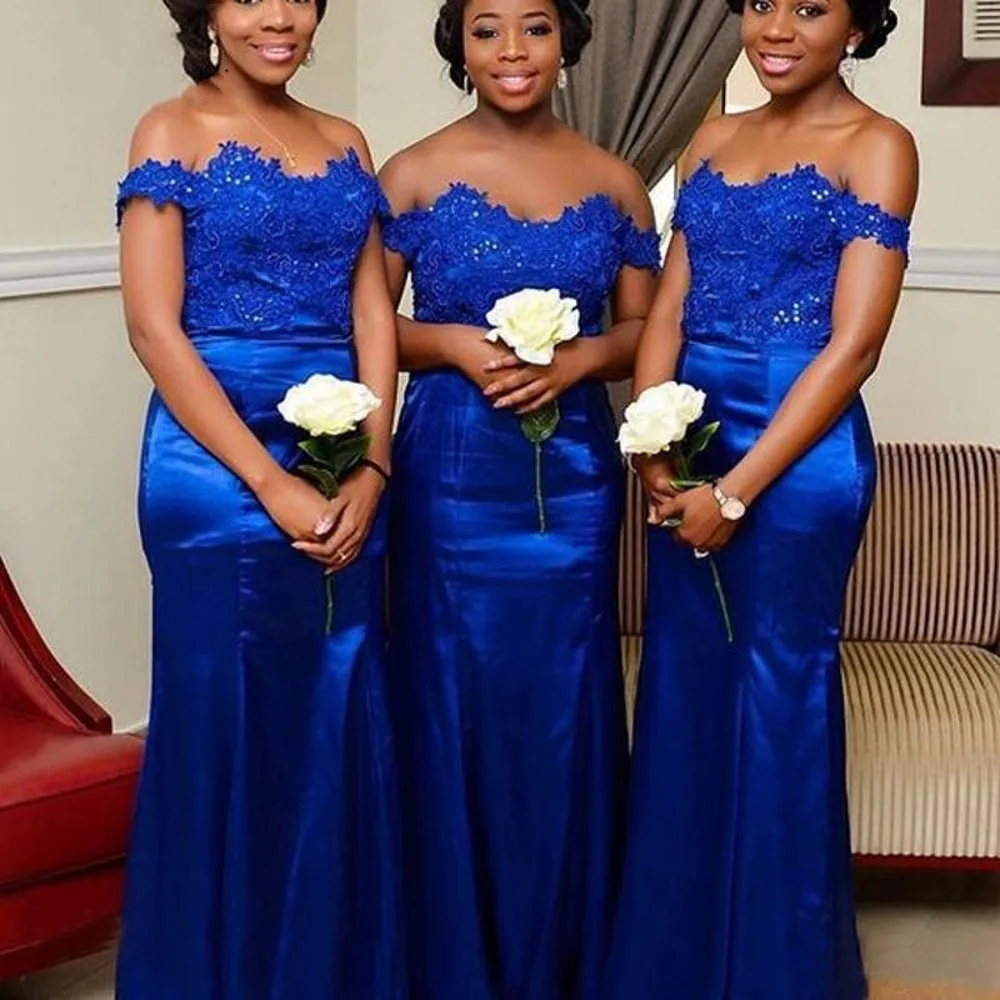 

African Mermaid Bridesmaid Dresses Long Lace Applique Off Shoulder Mermaid Wedding Guest Gowns vestido madrinha