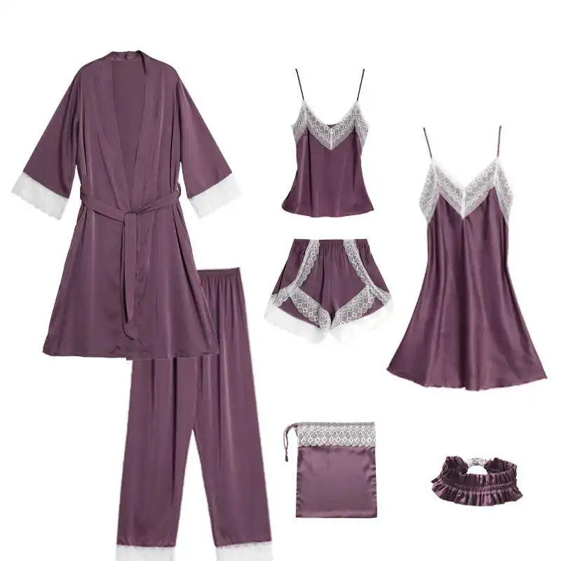 

DEAT Seven Pieces Pajamas Suit 2021 New Women Fashion Sexy V-neck Long Sleeve Purple Lace Patchwork Summer And Autumn 7E1122