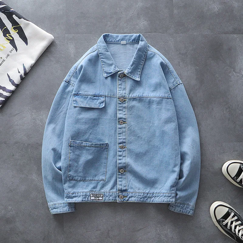 

Autumn Pop Denim Jacket Men Loose Solid Color Lapel Casual Jacket Men Fashion Retro Style Tooling Jeans Jacket