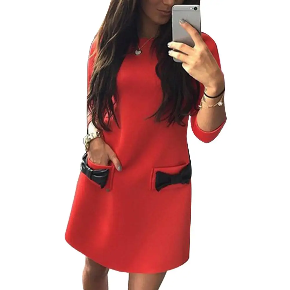 

Casual Elegant Dress Women Autumn Solid Color O Neck Long Sleeve Bowknot Pockets Mini Dress O Neck Long Sleeve Straight Dress