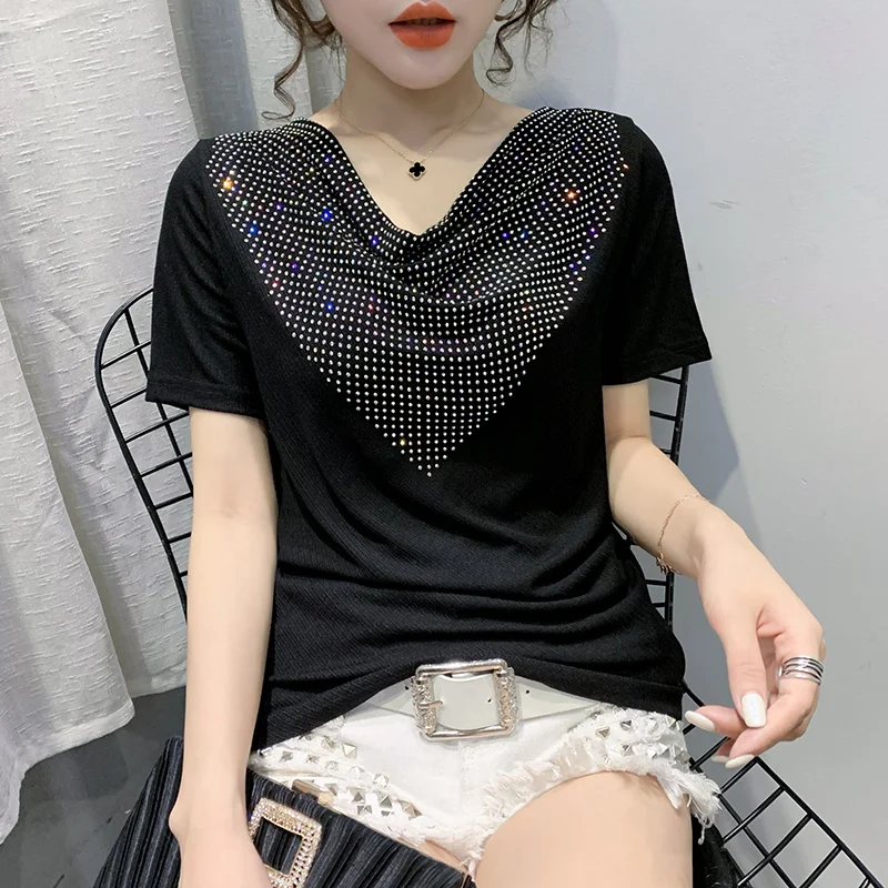 

Women's Fashions Studded t Shirt 2021 Summer New Casual Harajuku Thin Shirt Black Sweater Warm Diamond Short Long Sleeves Tshirt