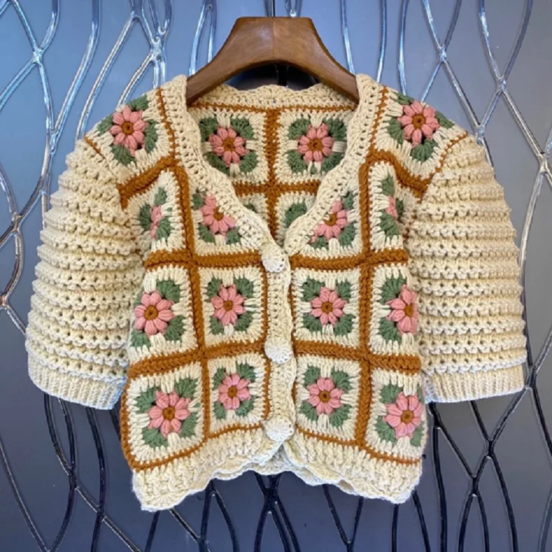 2021 Autumn Fashion Cardigans High Quality Women V-Neck Crochet Knitting Flower Patterns Short Sleeve Casual Vintage Sweater Top