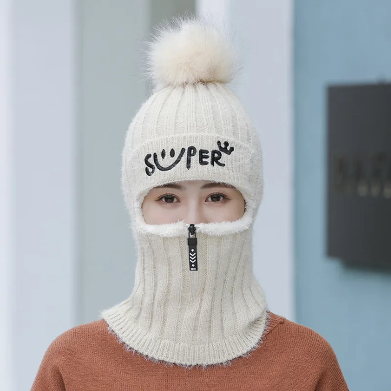 Женская Вязаная Шерстяная Шапка на молнии теплая зимняя шапка в Корейском стиле