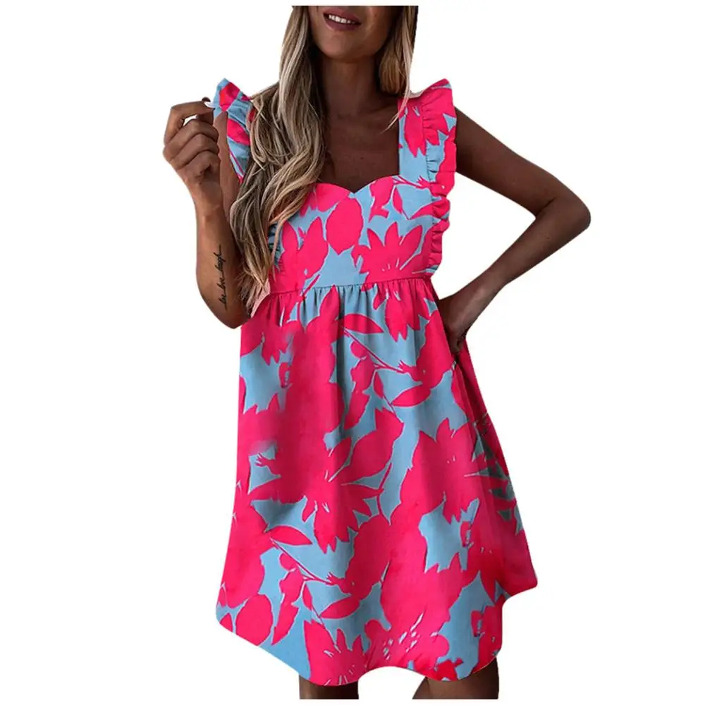 

2020 Women Casual Flower PrintCute Sexy Fashion Dress skirt Atmosphere Simple Cute Ruffled O-Neck Sleeveless Casual Short Dress