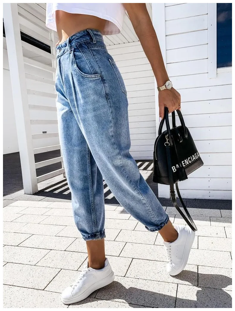 

New High Waist Jeans Women Pocket Trouser 2020Autumn Streetwear Fashion Ladies Casual Blue Denim Joggers Harem Pants Jeans Woman