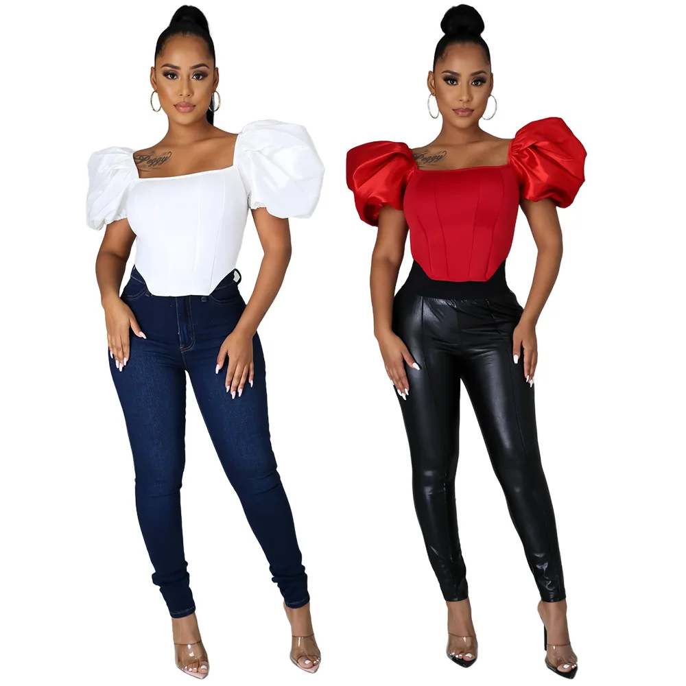 

Ursuper American Women's Clothing Cross-Border Supply Nightclub Fashion Solid Color Satin All-Match Puff Sleeve Top