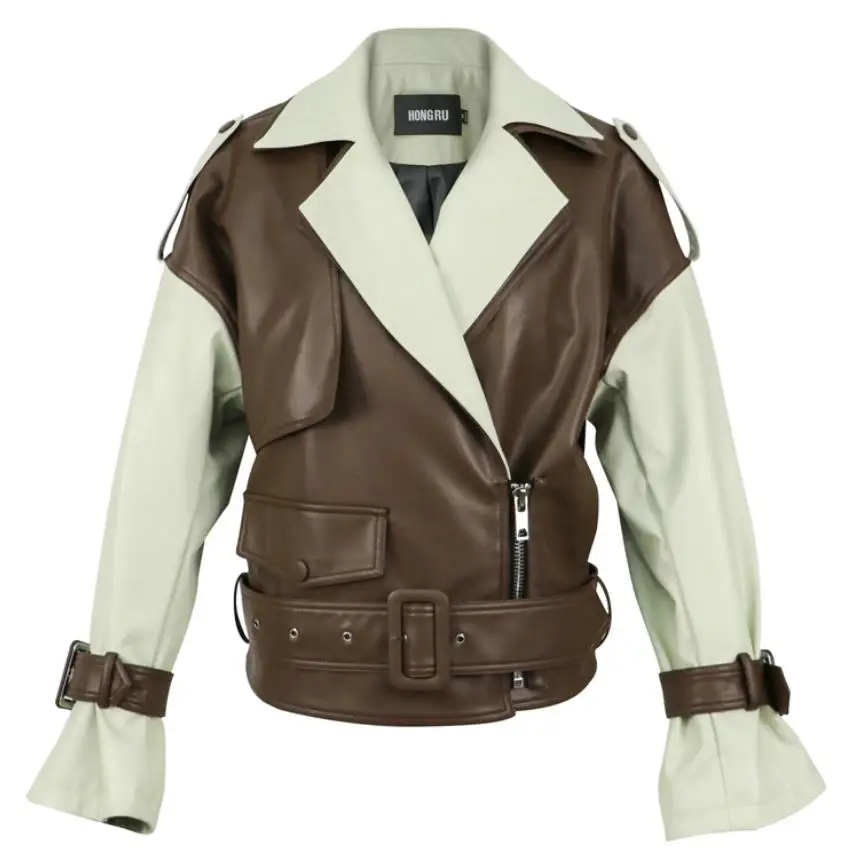 Fashion Locomotive wind short warm pu leather coat female hit color double lapel design leather jackets with belt F831
