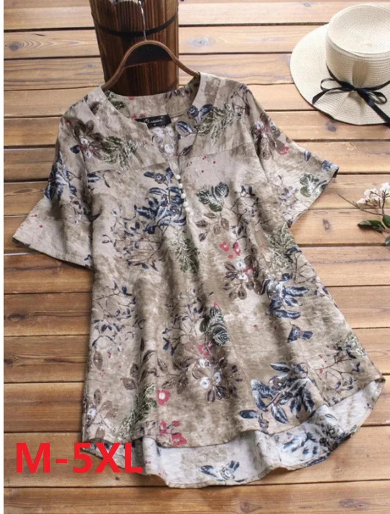 

2021 Summer Women Flower Pullover Print Blouse Short Sleeve O-Neck Cotton Linen Shirt Tops Vintage Casual Loose Blouses