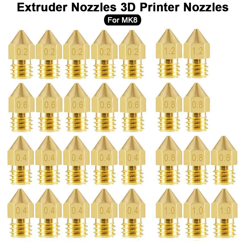 

30pcs High Quality Brass Extruder Nozzles Gold 3D Printer Nozzles For MK8 Makerbot Reprap Prusa I3 0.2/0.4/0.6/0.8/1.0/1.2 Mm