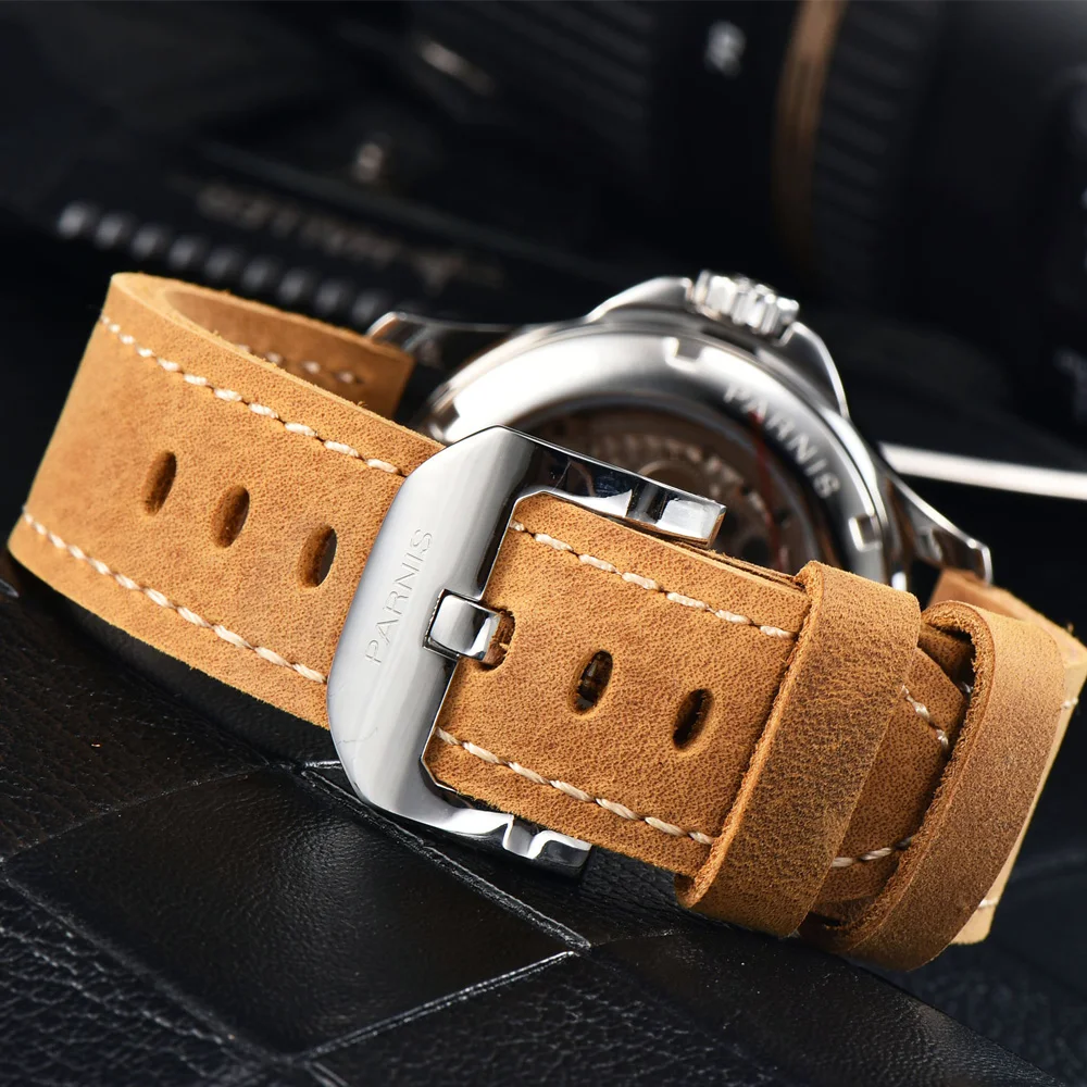 Модные автоматические механические мужские часы Parnis 44 мм с серебристым корпусом