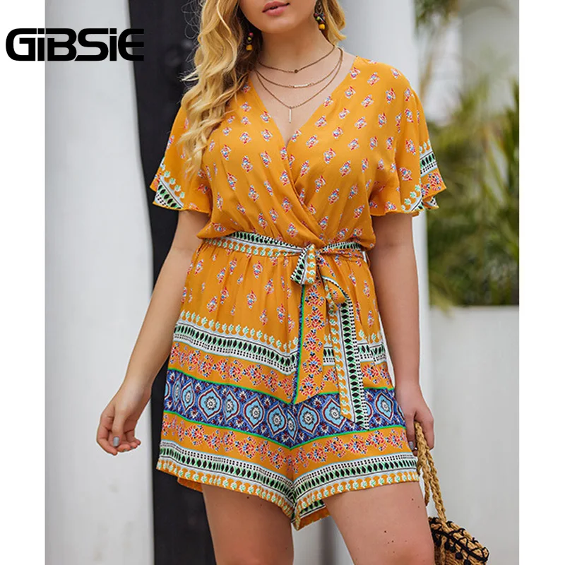 

GIBSIE Plus Size Surplice Neck Ethnic Print Belted Rompers Women Boho Casual Summer Holiday Beach Short Sleeve Playsuit Shorts