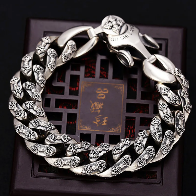 

S925 sterling silver retro domineering vajra Buddhist bracelet male Thai silver Vintage fashion men's heavery bracelet jewelry