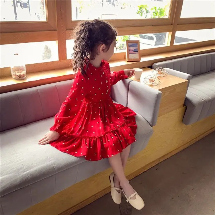 

Girls Dress Spring 2021 New Korean Style Red Skirt Western Princess Dress Children Floral Chiffon Skirt