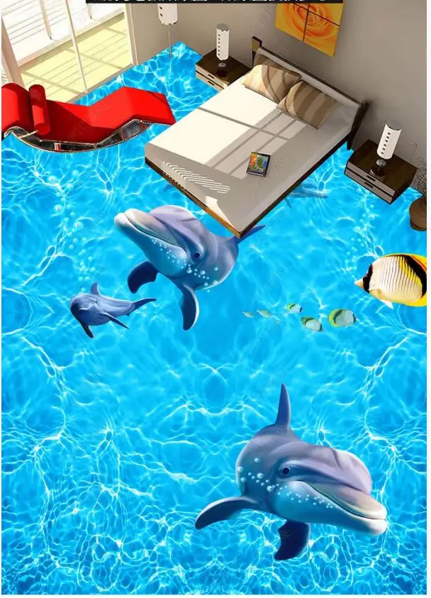 

Custom Picture Self-adhesive Flooring wallpapers Wall Sticker Water surface wave ocean world dolphin 3D floor painting wall