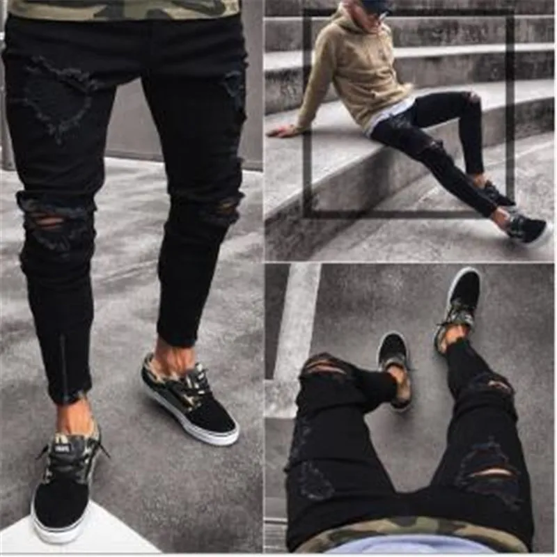 

Mens Cool Designer Brand Black Jeans Skinny Ripped Destroyed Stretch Slim Fit Hop Hop Pants With Holes For Men