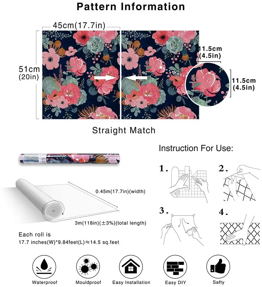 

Home Floral Wallpaper Pink/Green/Navy Blue/Orange Vinyl Self Adhesive Peel and Stick Modern Contact Paper Home Decor