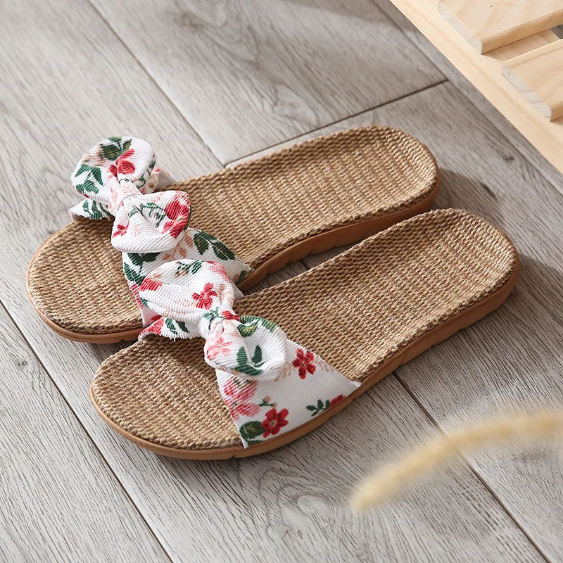 

Bow Knot Flax Slippers Women Summer Flat Shoes Woman Casual Slides Beach Shoes Bedroom House Floor Slippers