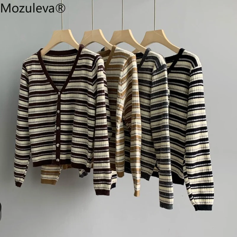 

Женский однобортный Кардиган Zohoha, модный винтажный свитер в полоску, трикотажное пальто с V-образным вырезом на осень и зиму