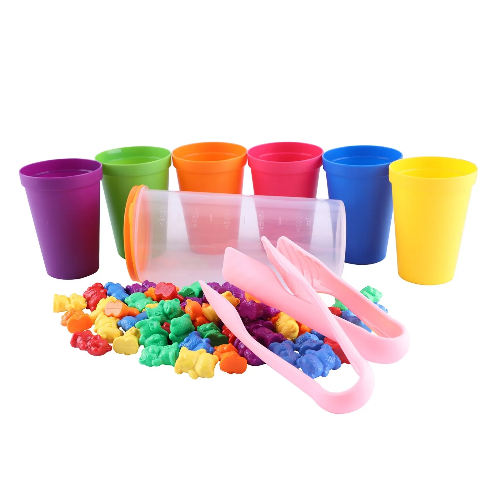

71 Pcs Rainbow Counting Bears Set Baby Montessori Educational Toys Matching Sorting Cups Diced Tweezers Kawaii Cartoon Bear