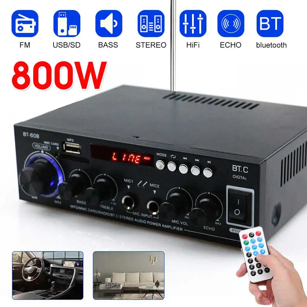 800 Вт HIFI 2CH аудио усилитель мощности 110/220 В домашний кинотеатр звуковая система аудио мини-усилитель FM USB SD bluetooth W/пульт дистанционного управления