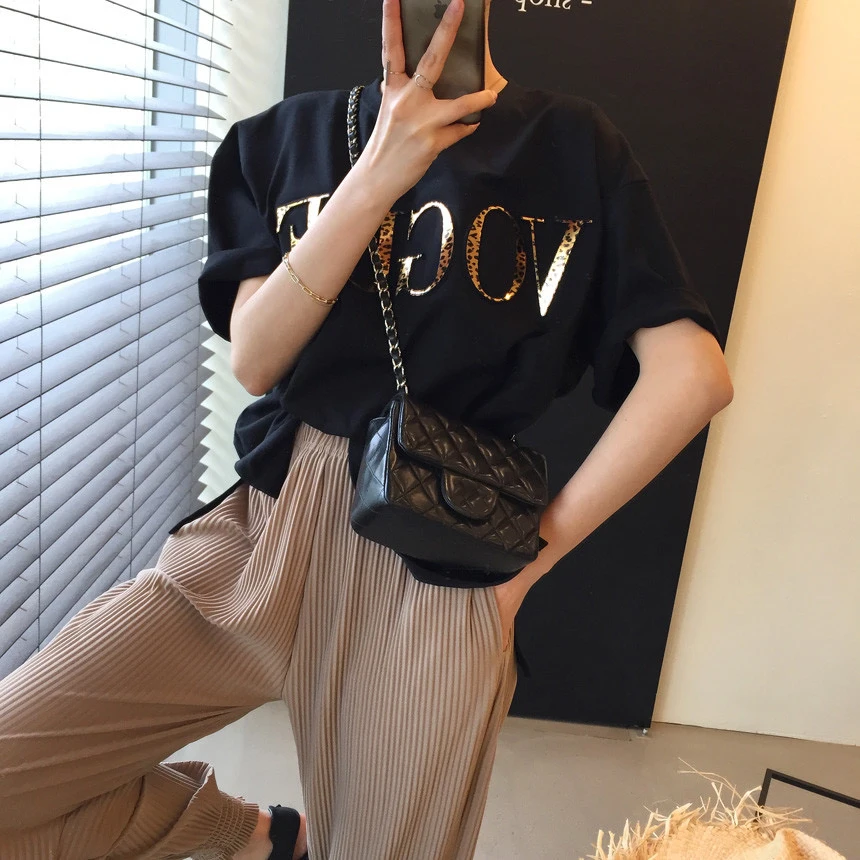 

Korejpaa Women T-Shirt 2021 Summer Korean Chic Niche Age Reducing Round Neck Loose Gloss Leopard Print Letters Short-Sleeved Top